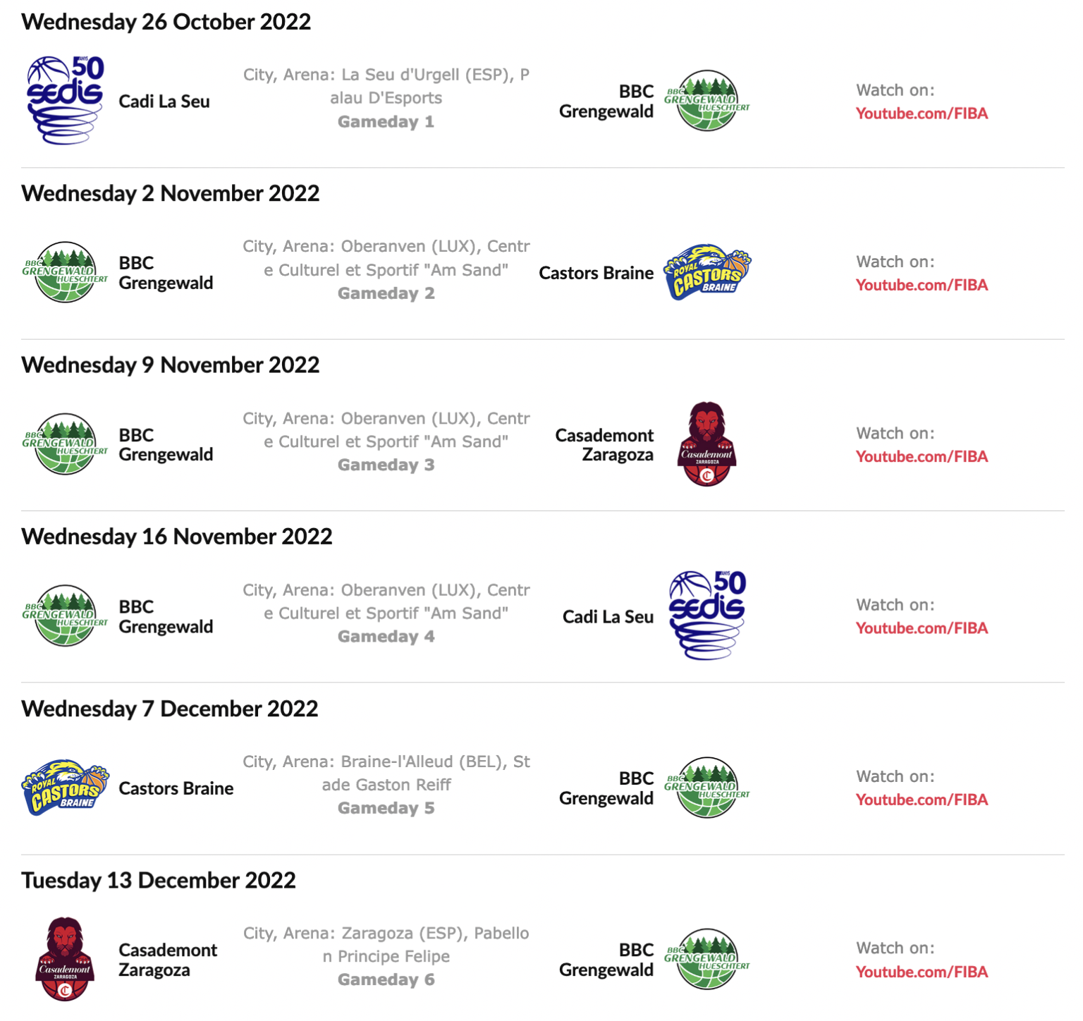 The EuroCup schedule of Gréngewald and T71 Fédération Luxembourgeoise